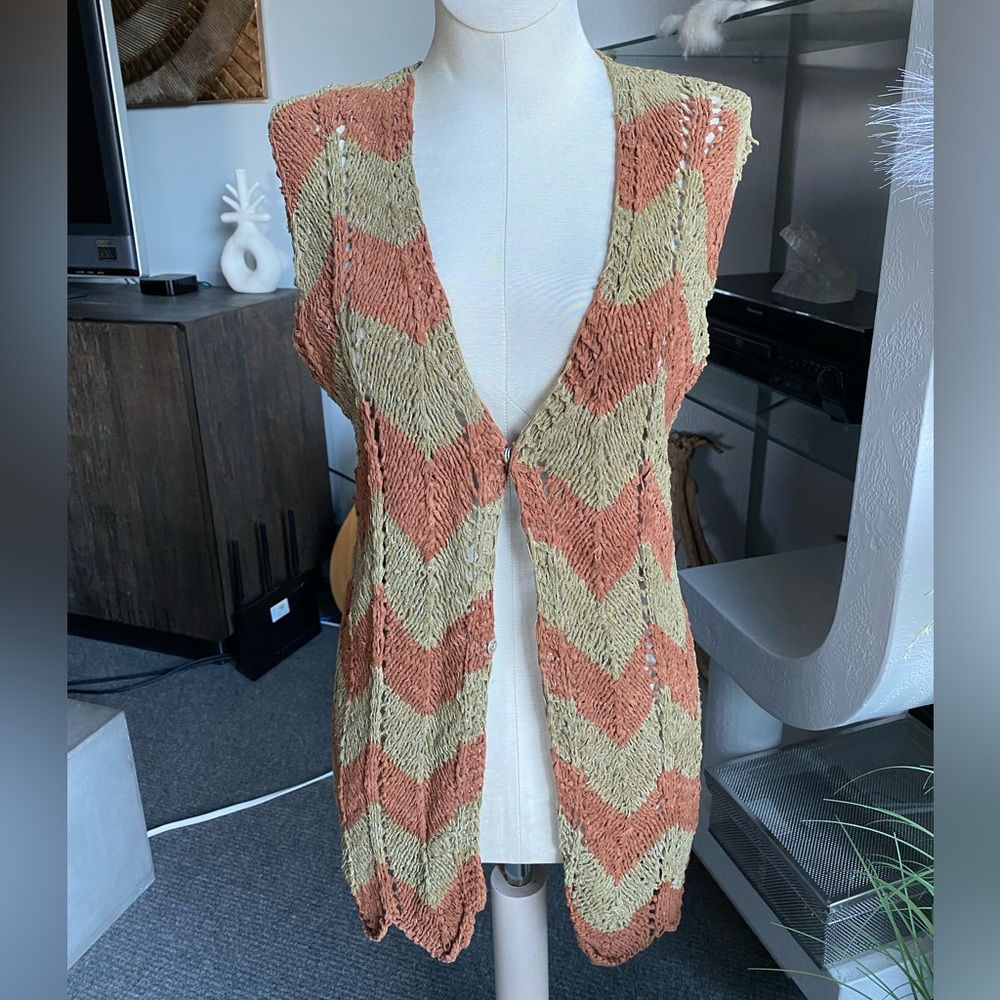 Vintage 60s 70s Leather Crochet Vest Top grunge hippie boho festival rock rocker